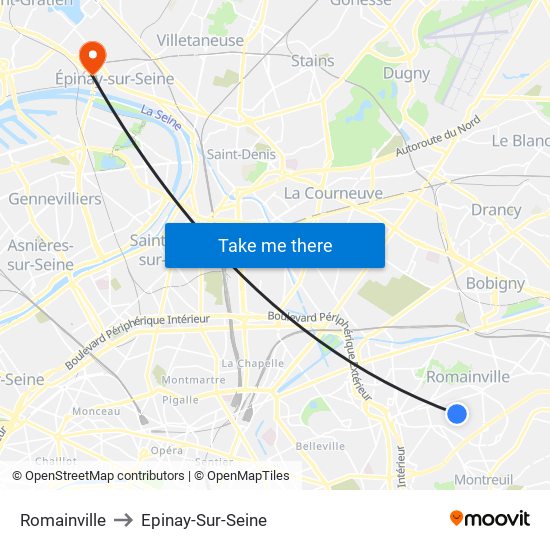 Romainville to Epinay-Sur-Seine map