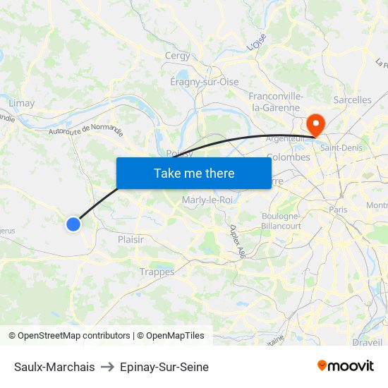 Saulx-Marchais to Epinay-Sur-Seine map