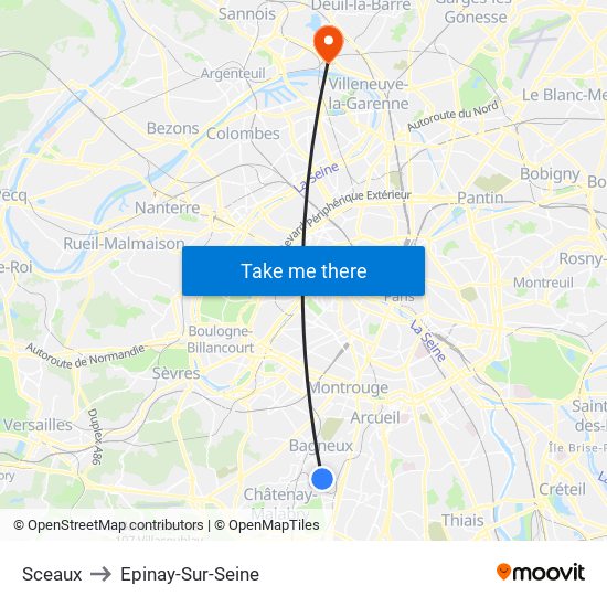 Sceaux to Epinay-Sur-Seine map