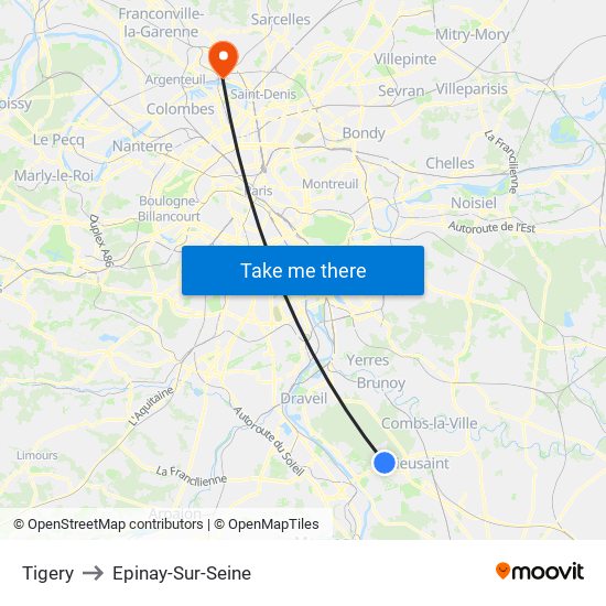 Tigery to Epinay-Sur-Seine map