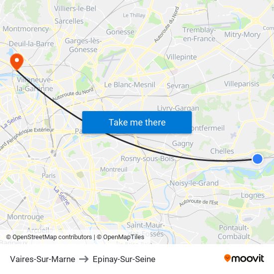 Vaires-Sur-Marne to Epinay-Sur-Seine map