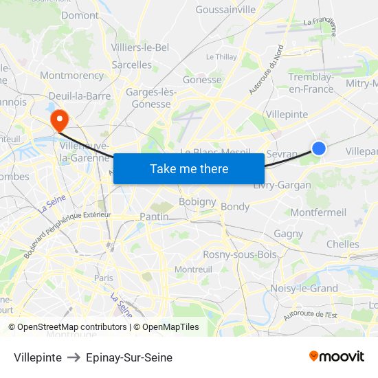 Villepinte to Epinay-Sur-Seine map