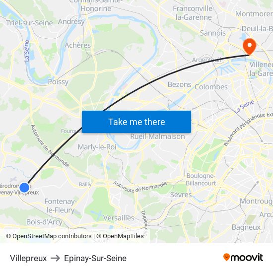 Villepreux to Epinay-Sur-Seine map