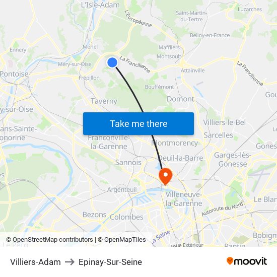 Villiers-Adam to Epinay-Sur-Seine map