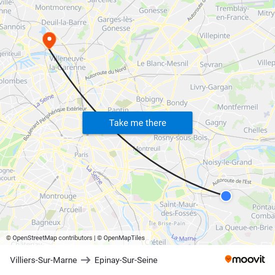Villiers-Sur-Marne to Epinay-Sur-Seine map