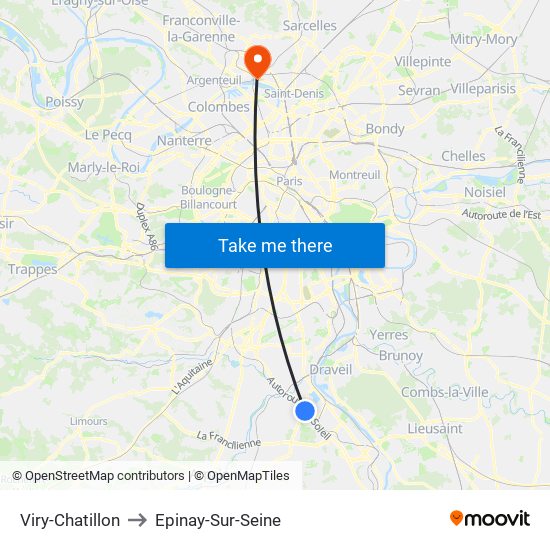 Viry-Chatillon to Epinay-Sur-Seine map