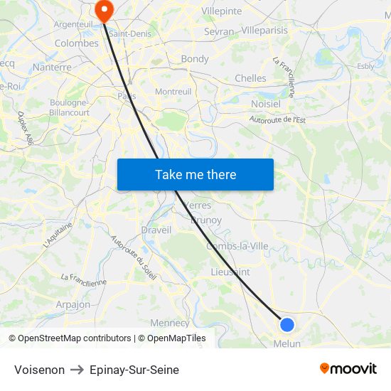 Voisenon to Epinay-Sur-Seine map