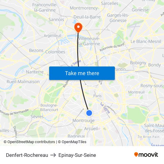 Denfert-Rochereau to Epinay-Sur-Seine map