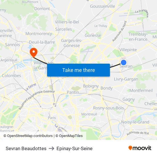 Sevran Beaudottes to Epinay-Sur-Seine map