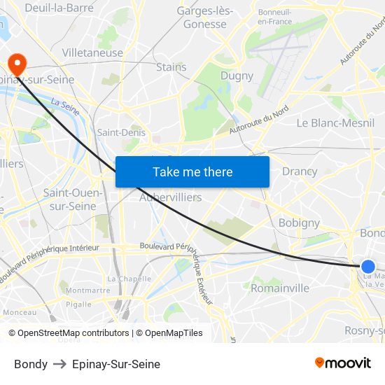 Bondy to Epinay-Sur-Seine map