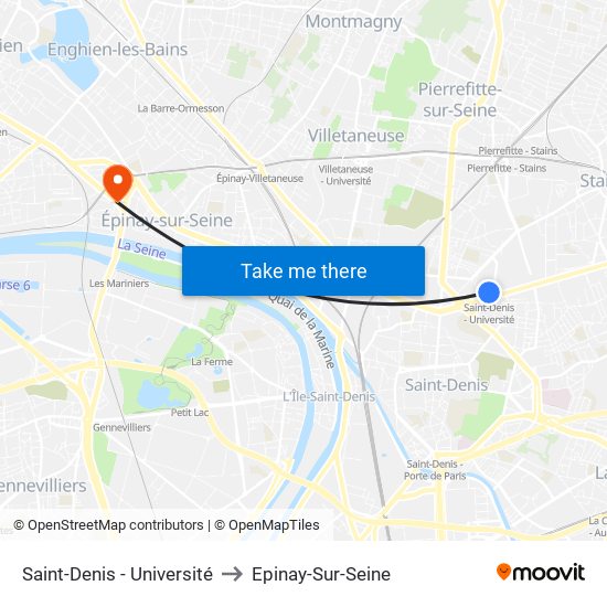 Saint-Denis - Université to Epinay-Sur-Seine map