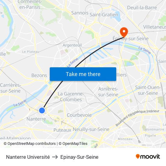 Nanterre Université to Epinay-Sur-Seine map