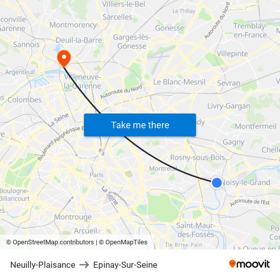 Neuilly-Plaisance to Epinay-Sur-Seine map