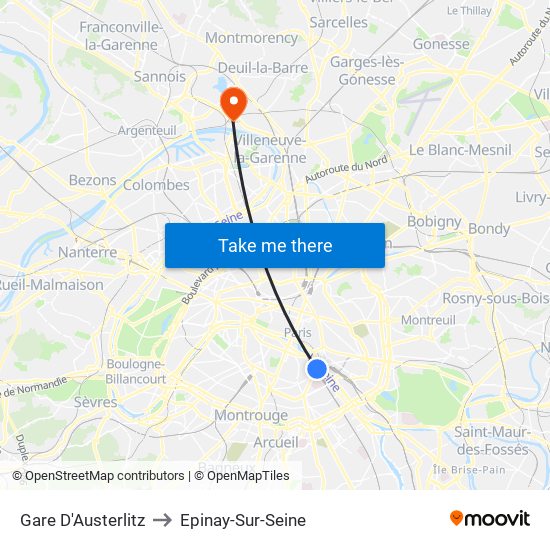 Gare D'Austerlitz to Epinay-Sur-Seine map