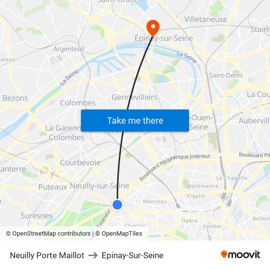 Neuilly Porte Maillot to Epinay-Sur-Seine map