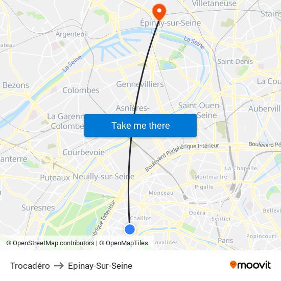 Trocadéro to Epinay-Sur-Seine map