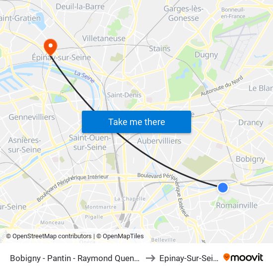 Bobigny - Pantin - Raymond Queneau to Epinay-Sur-Seine map