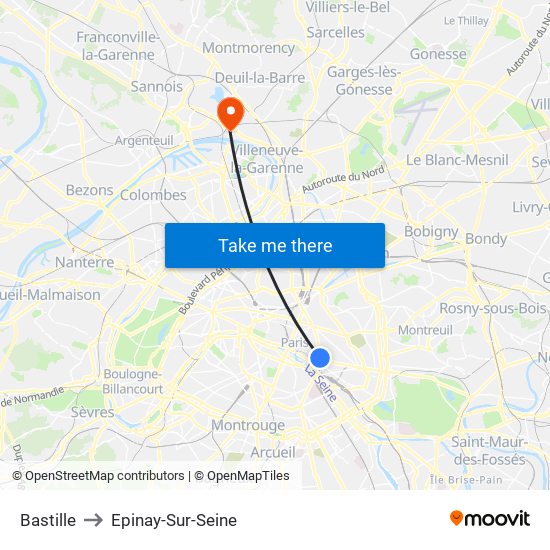 Bastille to Epinay-Sur-Seine map