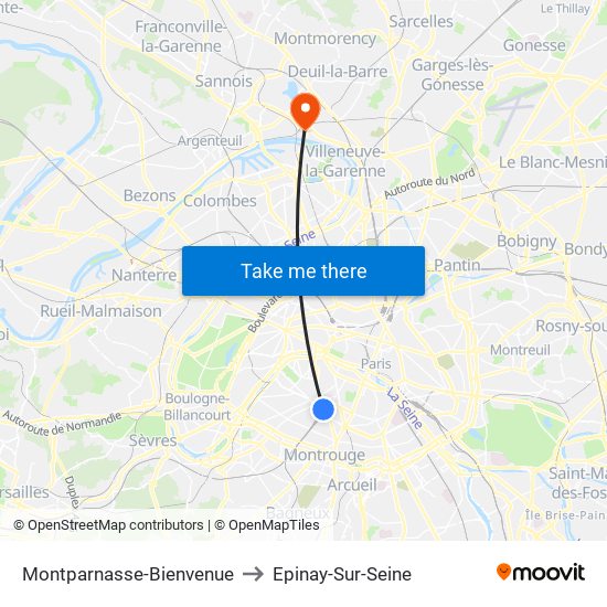 Montparnasse-Bienvenue to Epinay-Sur-Seine map