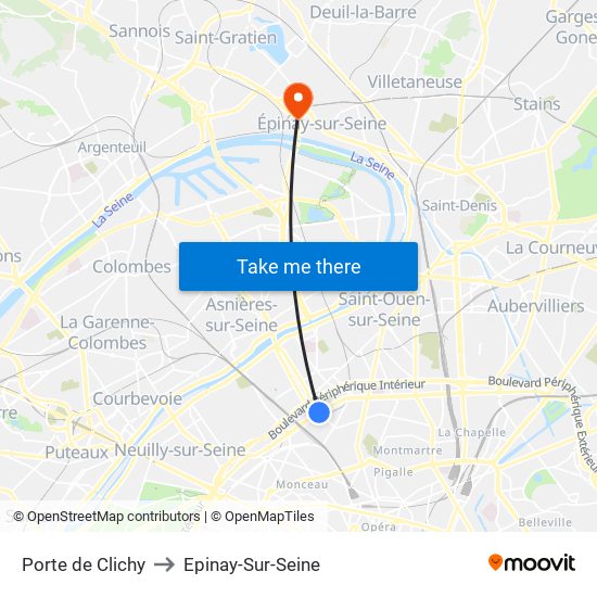 Porte de Clichy to Epinay-Sur-Seine map