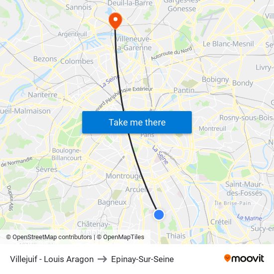 Villejuif - Louis Aragon to Epinay-Sur-Seine map