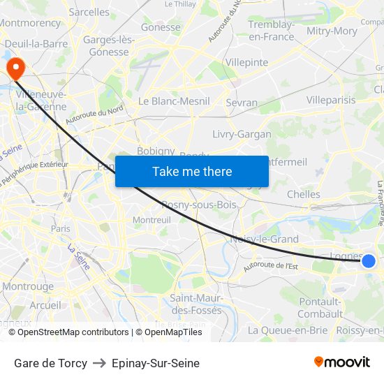 Gare de Torcy to Epinay-Sur-Seine map