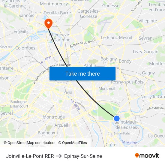 Joinville-Le-Pont RER to Epinay-Sur-Seine map