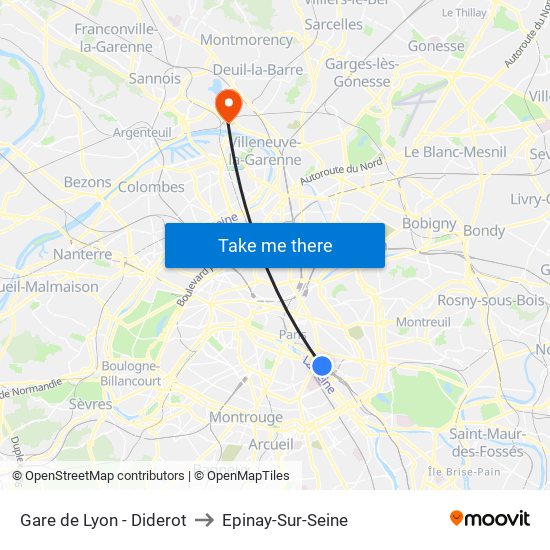 Gare de Lyon - Diderot to Epinay-Sur-Seine map