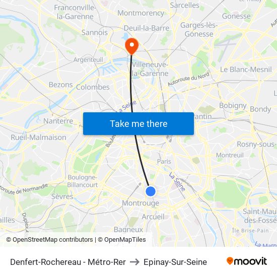 Denfert-Rochereau - Métro-Rer to Epinay-Sur-Seine map