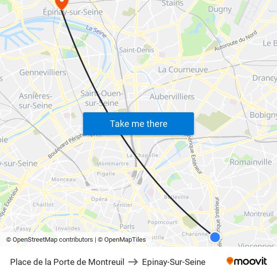 Place de la Porte de Montreuil to Epinay-Sur-Seine map
