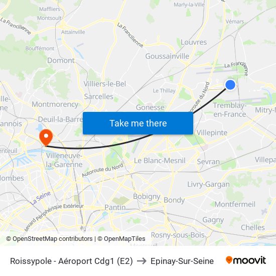 Roissypole - Aéroport Cdg1 (E2) to Epinay-Sur-Seine map