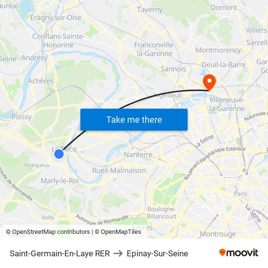 Saint-Germain-En-Laye RER to Epinay-Sur-Seine map