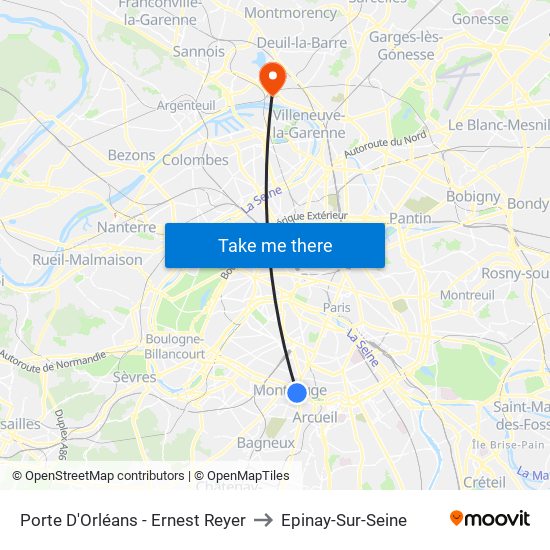 Porte D'Orléans - Ernest Reyer to Epinay-Sur-Seine map