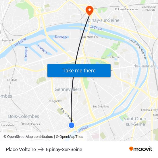 Place Voltaire to Epinay-Sur-Seine map