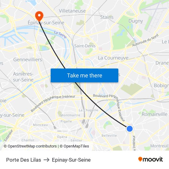 Porte Des Lilas to Epinay-Sur-Seine map