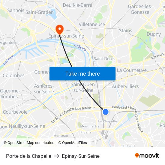 Porte de la Chapelle to Epinay-Sur-Seine map