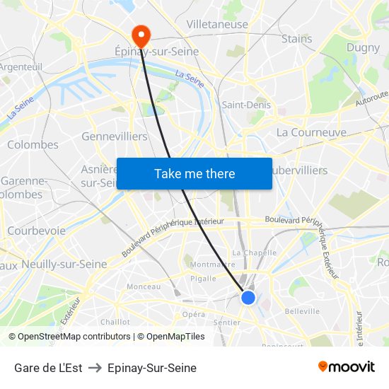 Gare de L'Est to Epinay-Sur-Seine map