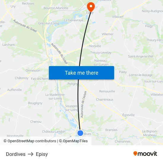 Dordives to Episy map