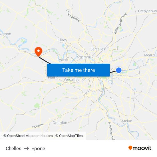 Chelles to Epone map