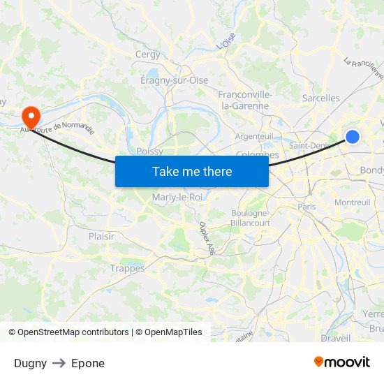 Dugny to Epone map