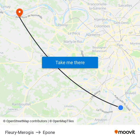 Fleury-Merogis to Epone map