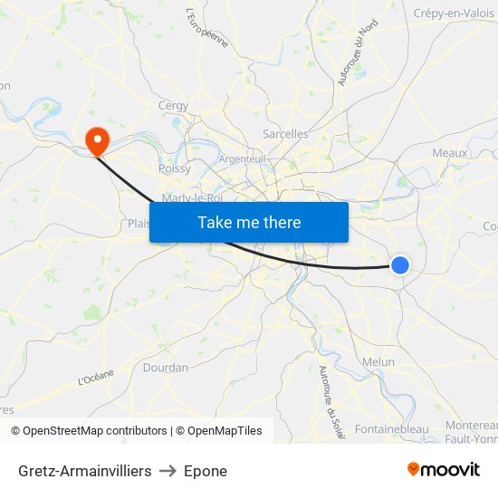Gretz-Armainvilliers to Epone map
