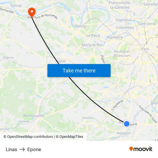 Linas to Epone map