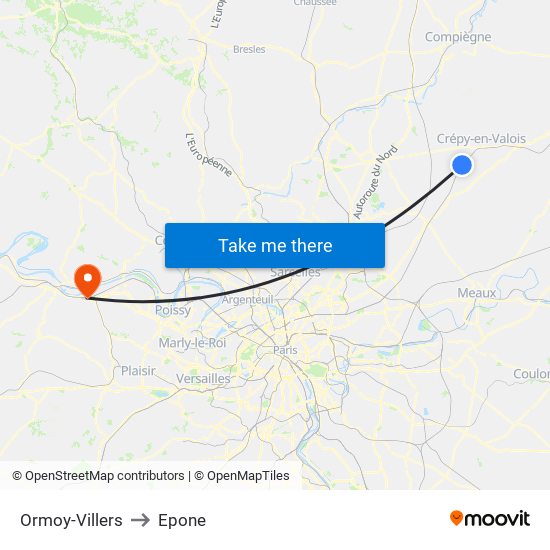 Ormoy-Villers to Epone map