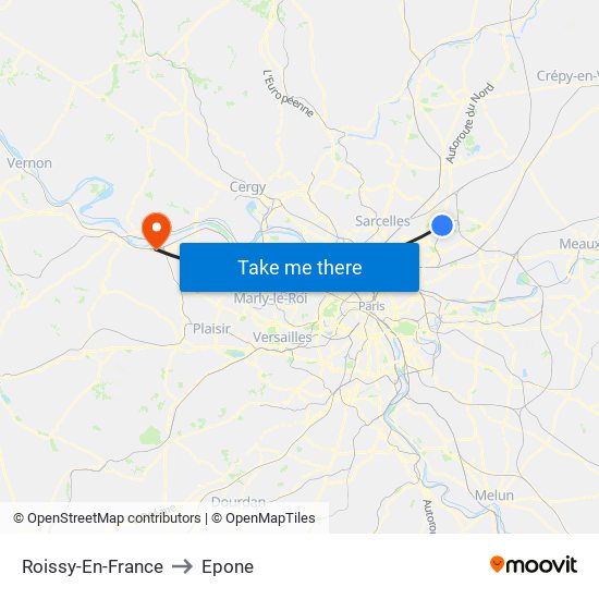 Roissy-En-France to Epone map