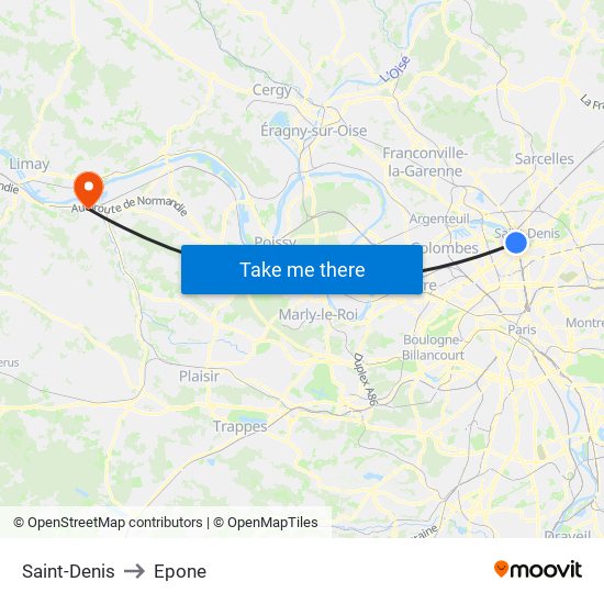 Saint-Denis to Epone map