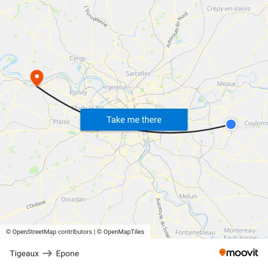 Tigeaux to Epone map