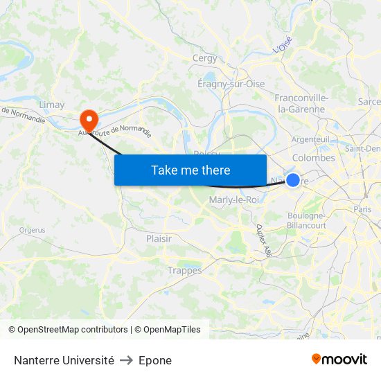 Nanterre Université to Epone map