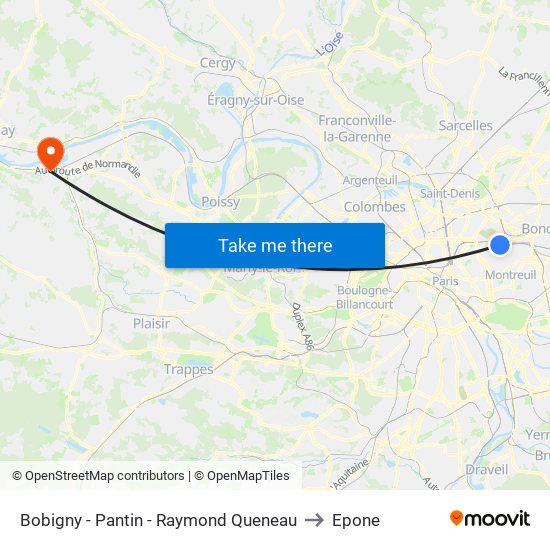 Bobigny - Pantin - Raymond Queneau to Epone map