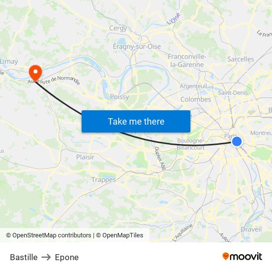 Bastille to Epone map